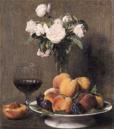 Natura morta con rose, frutta e un bicchiere di vino da Ignace Henri Jean Fantin Latour