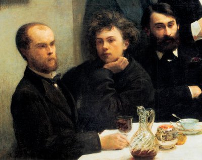 Angolo del tavolo: da sinistra a destra: Paul Verlaine, Arthur Rimbaud, Elzear Bonnier. (Dipinto, XIX secolo) da Ignace Henri Jean Fantin Latour