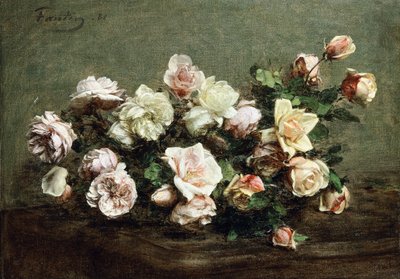 Vaso di rose bianche su un tavolo da Ignace Henri Jean Fantin Latour