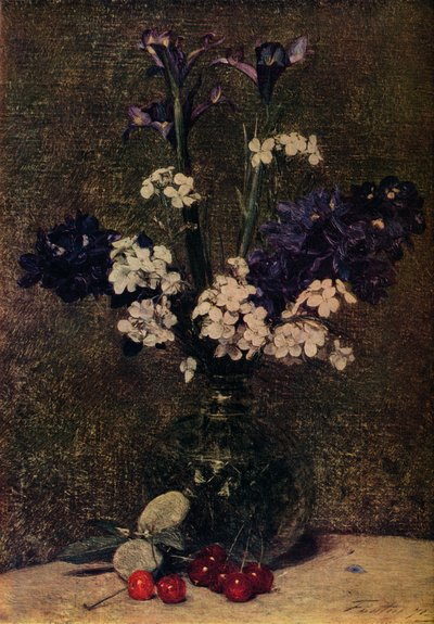 Vaso di fiori, con ciliegie e mandorle sul tavolo, natura morta, iris, ibridi di delphinium da Ignace Henri Jean Fantin Latour