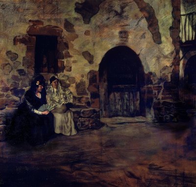 Due donne con mantiglia e ventaglio alla porta di un casale – XX secolo da Ignacio Zuloaga y Zabaleta