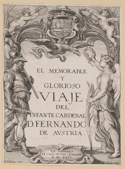 Pagina del titolo per D. De Aedo y Gallert, El...Viaje del Infante Cardenal... da Ignatius Cornelis Marinus after Sir Peter Paul Rubens