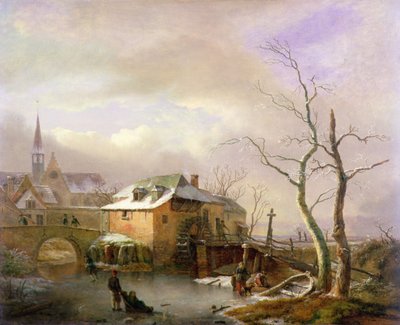 Paesaggio Invernale con Contadini su uno Stagno Ghiacciato vicino a un Villaggio da Ignatius Josephus van Regemorter