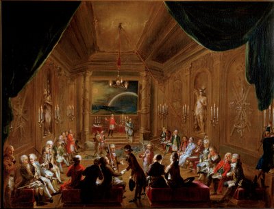 Riunione a Vienna della Loggia Massonica della Corona Esperanza nel 1790. Wolfgang Amadeus Mozart (1756-1791) seduto a destra in primo piano. Dipinto di Ignaz Unterberger. Historisches Museum der Stadt Wien da Ignaz Unterberger