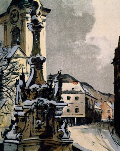 Veduta di Hainburg an der Donau, Austria, città dove Franz Joseph Haydn studiò musica tra il 1738 e il 1740, Stampa di Igo Potsch per celebrare il centenario della morte del musicista da Igo Potsch