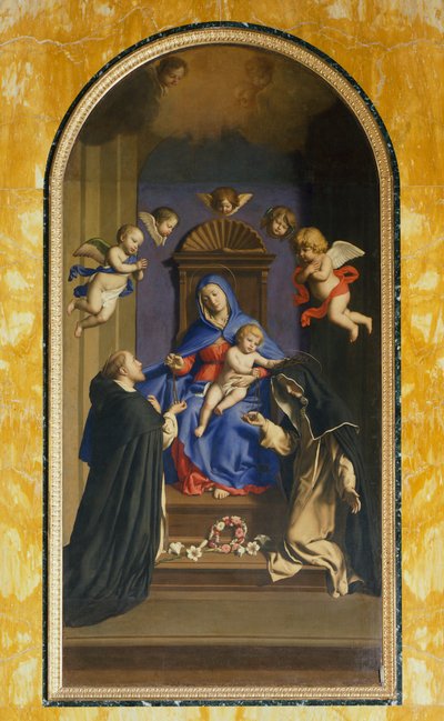 Nostra Signora del Rosario con San Domenico e Santa Caterina, Cappella di Santa Caterina, Basilica di Santa Sabina, Roma, Italia da Il  Sassoferrato