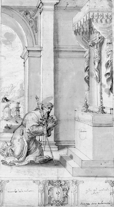 Un santo inginocchiato davanti a un altare con un crocifisso: disegno per uno stendardo processionale da Il (c.1550 1611) Sozzo
