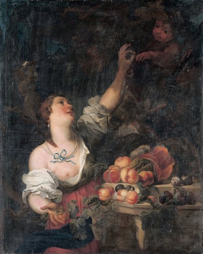 Una donna che raccoglie uva e un putto vicino a un piedistallo classico adornato di frutta da Il Borgognone