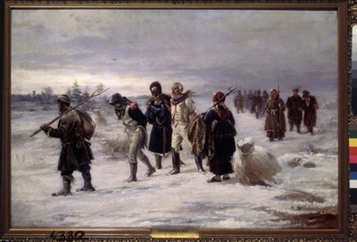 Nel 1812. (I prigionieri catturati della Grande Armata di Napoleone marciano nella neve, esausti, scortati da contadini russi). Dipinto di Illarion Mikhailovich Pryanishnikov (1840-1894), olio su tela da Illarion Mikhailovich Pryanishnikov