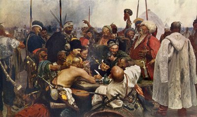 La risposta dei cosacchi zaporoghi al sultano Mehmet IV (Muhammad, Mehmet, Mehmed, Mahmoud) (1642-1693) dalla Turchia Incisione del XIX secolo dopo un dipinto di Ilya Repine. Cosacchi russi che inviano un messaggio di odio all