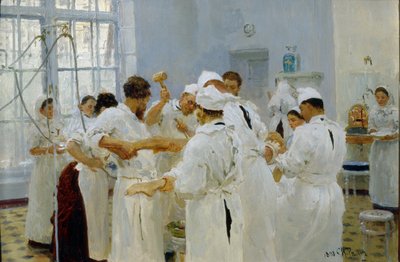Il chirurgo Ivan Pavlov in una sala operatoria da Ilya Efimovich Repin