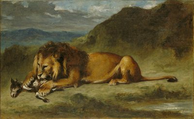 Leone che divora una capra da Imitator of Eugène Delacroix