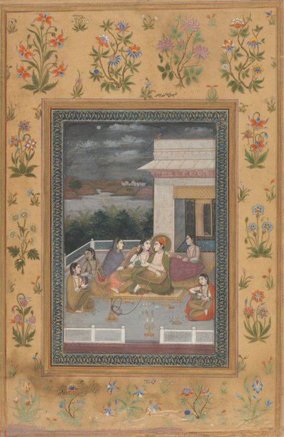 Una coppia su una terrazza circondata da attendenti e musicisti da Indian 18th Century