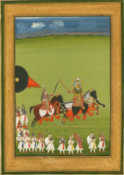 Rajah e figlio su cavalli travestiti da elefanti, e suite di attendenti, c. 1810 da Indian Art
