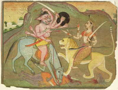 Durga in combattimento con Mahishasura, dal foglio di 