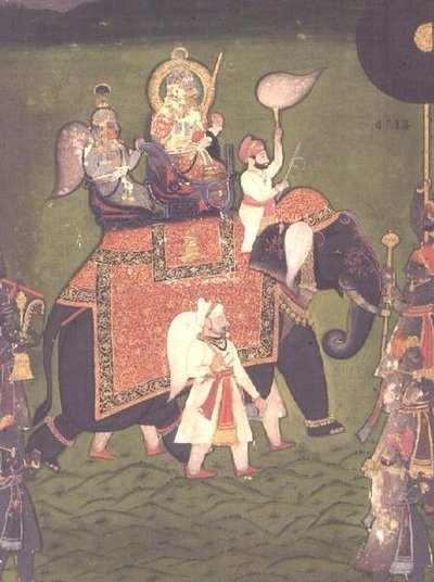 Rana Jawan Singh di Mewar cavalca un elefante bardato da Indian School