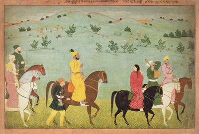 Un principe di Jasrota, possibilmente Balwant Singh, in una spedizione a cavallo, di Nainsukh (fl. 1740-50) Kashmir, c.1751 da Indian School