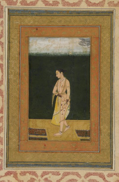 Una signora cammina in un giardino, foglio di album con dipinto, c.1730 da Indian School