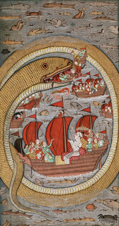 Un serpente mostruoso che divora la flotta reale, c.1670-1690 da Indian School
