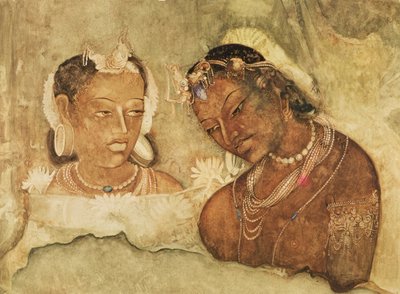 Una principessa e il suo servitore, copia di un affresco dalle grotte di Ajanta, India da Indian School