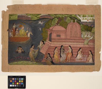 Un Raja che caccia dal suo battello incontra delle bellezze che si bagnano vicino a un tempio, c.1695 da Indian School