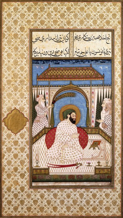 Un sovrano sufi nimbato che legge un Corano su una terrazza, c. 1700 da Indian School