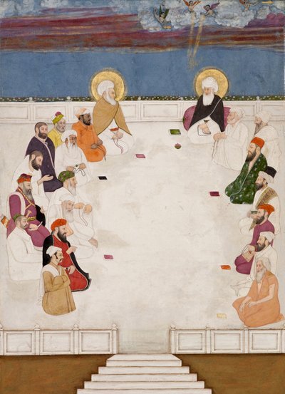 Un gruppo di santi e uomini santi indiani, tra cui Mullah Shah e Aurangzeb, seduti da Indian School