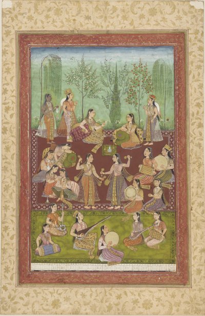 Un gruppo di donne in un giardino, che si divertono con musica e danza da Indian School
