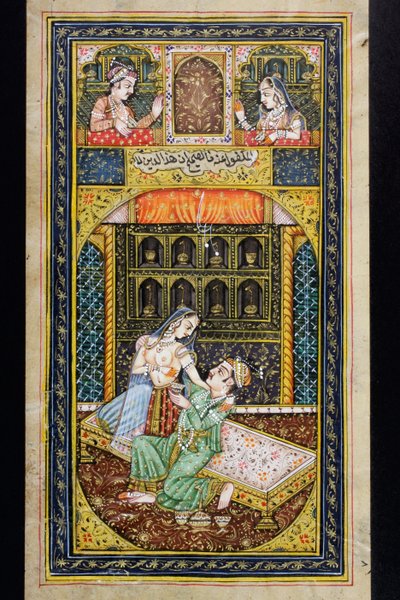 Un uomo corteggia una donna in un ambiente lussuoso, miniatura Rajasthani da Indian School