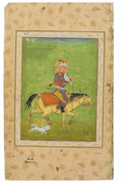 Dipinto di Iraj a cavallo che caccia con un falco, India, Periodo Mughal, fine XVI secolo da Indian School
