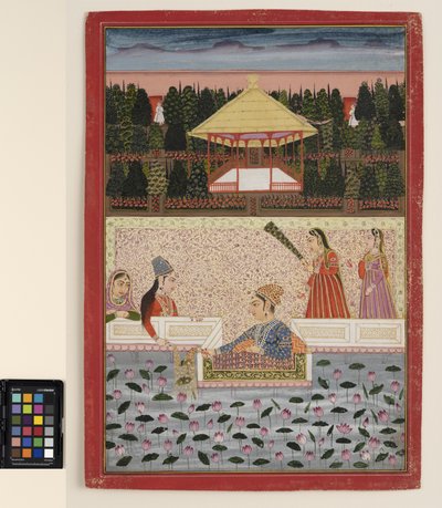 Un principe e una principessa giocano con scintille vicino a una piscina di loto, c.1760 da Indian School
