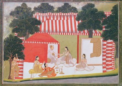 Un principe che cerca di tirare una signora nella sua tenda; una cameriera e amici guardano sorpresi, c.1760 da Indian School