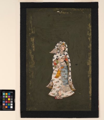 Una donna in piedi con sari bianco a motivi floreali, un mantello a piume di pavone da Indian School
