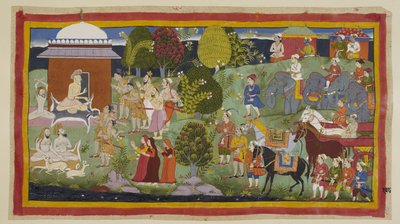 Add 15296 (1) f.108r, Bharadwaja, seduto fuori dalla sua capanna con altri asceti e cervi, chiede ai principi se hanno gradito la sua ospitalità. Dice loro e ai loro compagni che Rama vive a Citrakuta. Su sua richiesta, i principi intr da Indian School