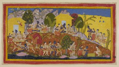 In alto al centro, Bharata e Shatrughna si gettano ai piedi di Rama, che abbraccia i suoi fratelli minori e annusa le loro teste. Rama li prende in grembo mentre chiede del loro benessere e di quello del loro padre da Indian School