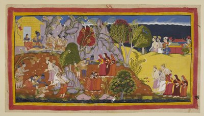 Add 15296 (1) f.118r, I Brahmini e le regine nelle loro lettighe si avvicinano. Kausalya indica il luogo vicino al fiume dove Rama ha offerto l