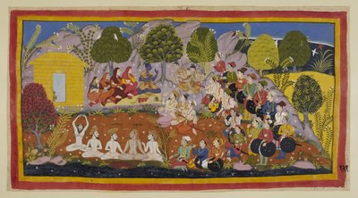 Rama è seduto su una stuoia di fronte ai due fratelli, con le tre regine e Sita alla sua destra. Bharata continua a esortare Rama a tornare ad Ayodhya per essere incoronato, sostenendo che il loro padre aveva peccato contro di lui per paura della moglie da Indian School