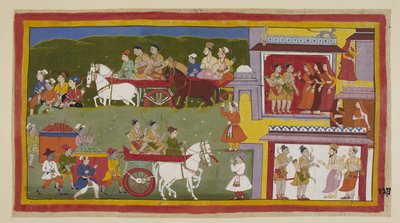 Add 15296 (1) f.127r, La processione ritorna ad Ayodhya, lungo il fondo del dipinto, la città desolata e abbandonata è il rifugio di gatti e gufi. Bharata e Shatrughna prendono congedo dalle regine e dicono a Vasistha che si ritireranno a N da Indian School