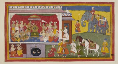 Nella sala del trono a Nandigrama, Bharata mette i sandali di Rama sul trono e con i sacerdoti e i ministri riuniti li installa come sovrani di Ayodhya. Da quel momento in poi sono trattati come Rama stesso. I due principi nei loro da Indian School