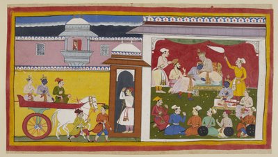 Sumantra porta Rama e Laksmana in un carro alla sala del durbar di Dasaratha, con una donna che guarda dall