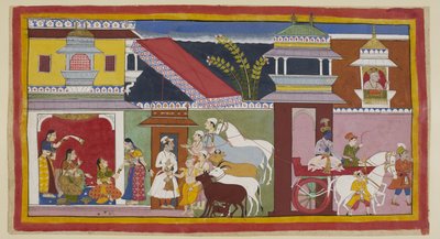 Add 15296 (1) f.13r, A destra, Rama lascia il palazzo di Dasaratha in un carro per tornare al suo palazzo, mentre il re, sopra, guarda fuori da una finestra jharokha tappezzata il suo figlio in partenza; a sinistra, uomini che portano notizie dell