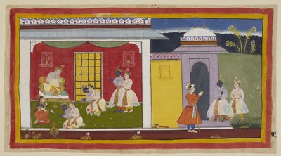 Add 15296 (1) f.31r, Rama e Laksmana a destra, con Rama ora cambiato in costume di corte contemporaneo, si avvicinano al cancello del palazzo di Kaikeyi e, lasciando i loro sandali alla porta, entrano nella sala delle udienze. Si inginocchiano rispettosame da Indian School