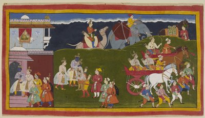 I quattro fratelli si abbracciano fuori dal palazzo, con donne che guardano giù da una finestra jharokha. Bharata e Shatrughna se ne vanno in una carrozza da Indian School
