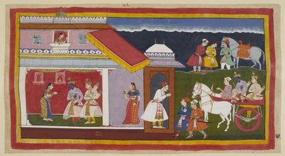 Add 15296 (1) f.41r, Dopo aver finalmente persuaso sua madre e suo fratello ad accettare con calma il suo destino, Rama e Laksmana tornano al suo palazzo sul carro, la testa di Rama china nella sua consueta umiltà. Vengono accolti da Sita, che lo ha visto  da Indian School