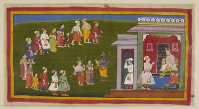 Rama e Laksmana, vestiti come prima ma armati di spada, arco e frecce, accompagnati da Sita, hanno camminato umilmente per le strade affollate di persone in lutto fino al palazzo del loro padre. Sumantra li annuncia al trono Das da Indian School