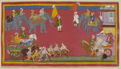I due principi e il loro zio sono scesi dai loro carri e avanzano da sinistra per salutare il re. Egli esce dal palazzo a destra nel suo carro e si china per salutarli affettuosamente. Elefanti sono sullo sfondo da Indian School