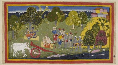 I compagni hanno raggiunto il fiume Gaṅgā a Srngaverapura. Rama e Sita sono seduti su un tappeto di paglia sotto un albero, mentre Laksmana e Sumantra sono seduti di fronte a loro. I cavalli sono stati disarmati da Indian School