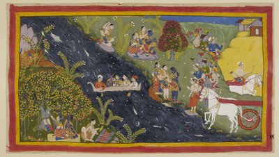Add 15296 (1) f.66r, I compagni sono arrivati al fiume Gange e Guha, il capo Nisada, è venuto a salutarli insieme ad alcune persone della loro città vicina. Rama gli chiede di fornire una barca in modo che possano attraversare il fiume. Dice a Sumantra di da Indian School