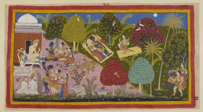 Add 15296 (1) f.68r, Al centro in alto, i tre passano la notte nella foresta. Sita e Rama giacciono su un tappeto, la sua spada e l
