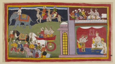 I messaggeri, in una camera superiore, dicono ai principi di tornare ad Ayodhyā. Sotto, nella sala del trono, vestiti per il viaggio, i principi salutano il re Kaikeyi e suo figlio Yudhājit. Si siedono in un carro con i messaggeri da Indian School
